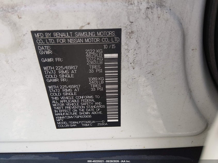 2016 Nissan Rogue VIN KNMAT2MV7GP605616 IAAI salvage auction — FRONT END, Salvage Title, sold $250 on 2026-07-22 (photo 9)
