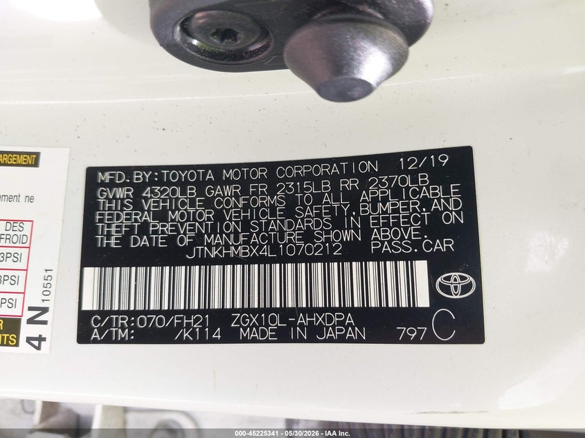 2020 Toyota C-hr VIN JTNKHMBX4L1070212 IAAI salvage auction — FRONT END, Salvage Title, sold $3,150 on 2026-07-29 (photo 9)
