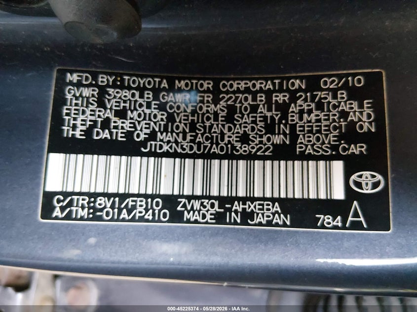 2010 Toyota Prius VIN JTDKN3DU7A0138922 IAAI salvage auction — UNKNOWN, Prior Salvage (Minnesota), sold $650 on 2026-07-15 (photo 9)