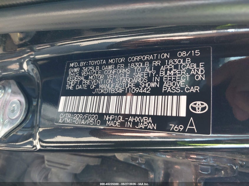 2015 Toyota Prius c VIN JTDKDTB34F1109442 IAAI salvage auction — FRONT END, Parts Only Bos (Minnesota), sold $400 on 2026-07-13 (photo 9)