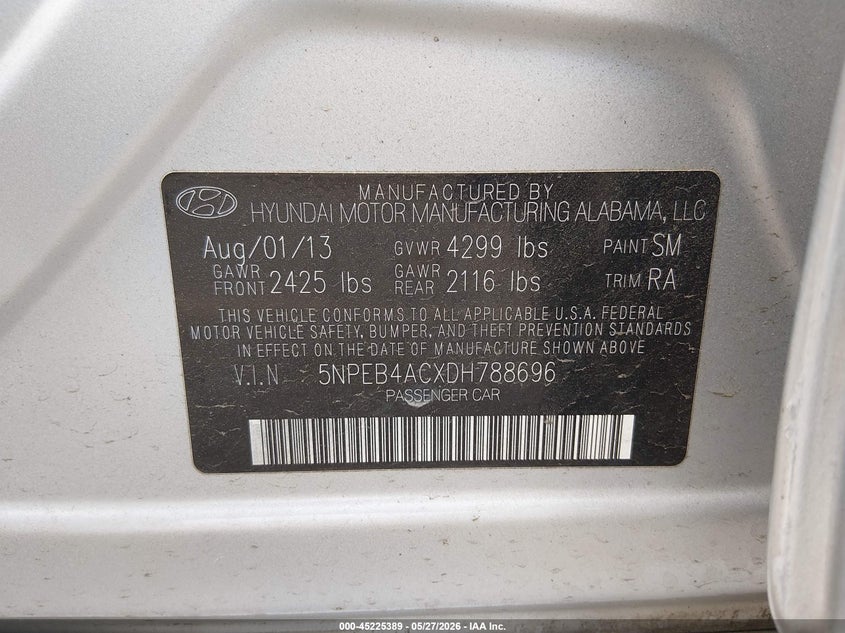 2013 Hyundai Sonata VIN 5NPEB4ACXDH788696 IAAI salvage auction — THEFT, Salvage (Connecticut), sold $350 on 2026-07-16 (photo 9)
