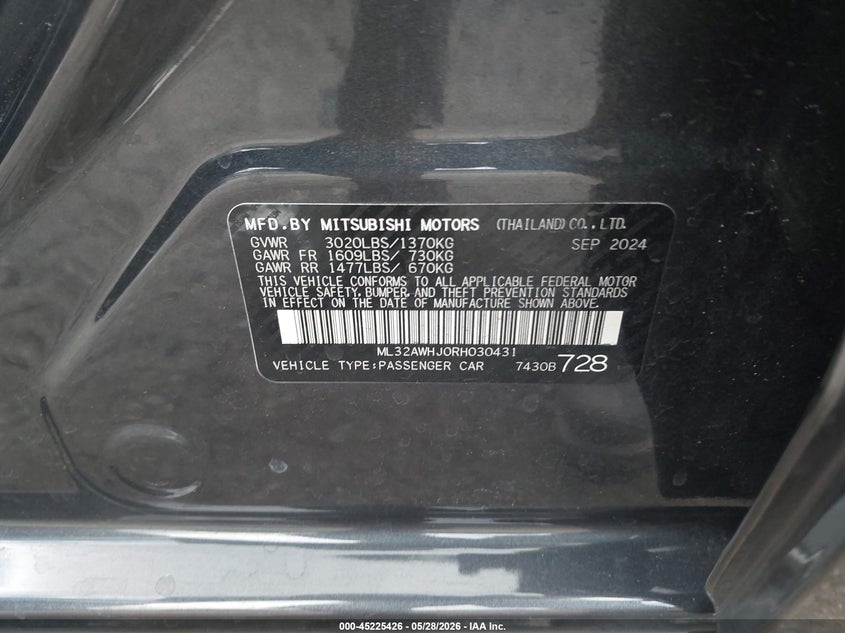 2024 Mitsubishi Mirage VIN ML32AWHJ0RH030431 IAAI salvage auction — FRONT END, Salvage Title, sold $2,550 on 2026-07-21 (photo 9)