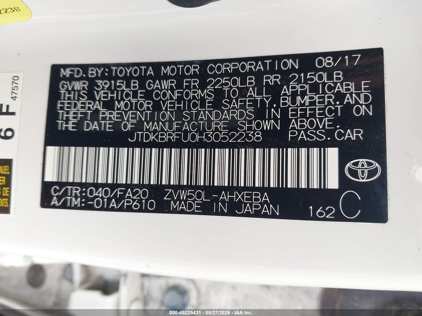 2017 Toyota Prius VIN JTDKBRFU0H3052238 IAAI salvage auction — LEFT SIDE, Salvage (Georgia), sold $4,850 on 2026-07-16 (photo 9)
