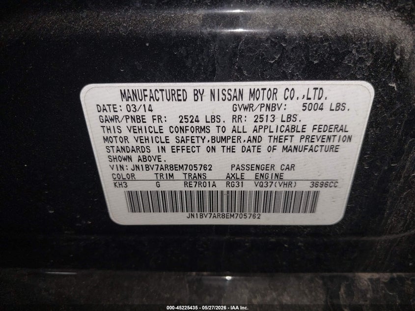 2014 Infiniti Q50 VIN JN1BV7AR8EM705762 IAAI salvage auction — UNKNOWN, Previously Damaged (North Dakota), sold $1,150 on 2026-07-23 (photo 9)