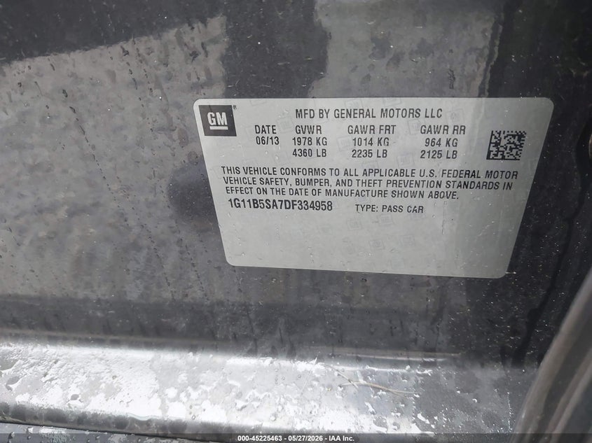 2013 Chevrolet Malibu VIN 1G11B5SA7DF334958 IAAI salvage auction — LEFT FRONT, Salvage Title, sold $550 on 2026-08-01 (photo 9)