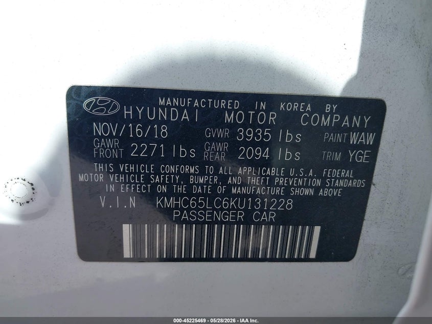2019 Hyundai Ioniq VIN KMHC65LC6KU131228 IAAI salvage auction — SIDE, Salvage Title, sold $2,300 on 2026-07-25 (photo 9)