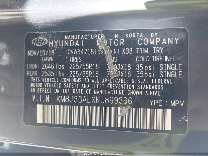 2019 Hyundai Tucson VIN KM8J33ALXKU899396 IAAI salvage auction — RIGHT SIDE, Salvage (Pennsylvania), sold $2,600 on 2026-07-08 (photo 9)