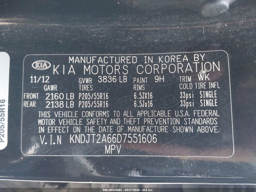 2013 Kia Soul VIN KNDJT2A66D7551606 IAAI salvage auction — NORMAL WEAR, Original (Ohio), sold $125 on 2026-07-08 (photo 9)