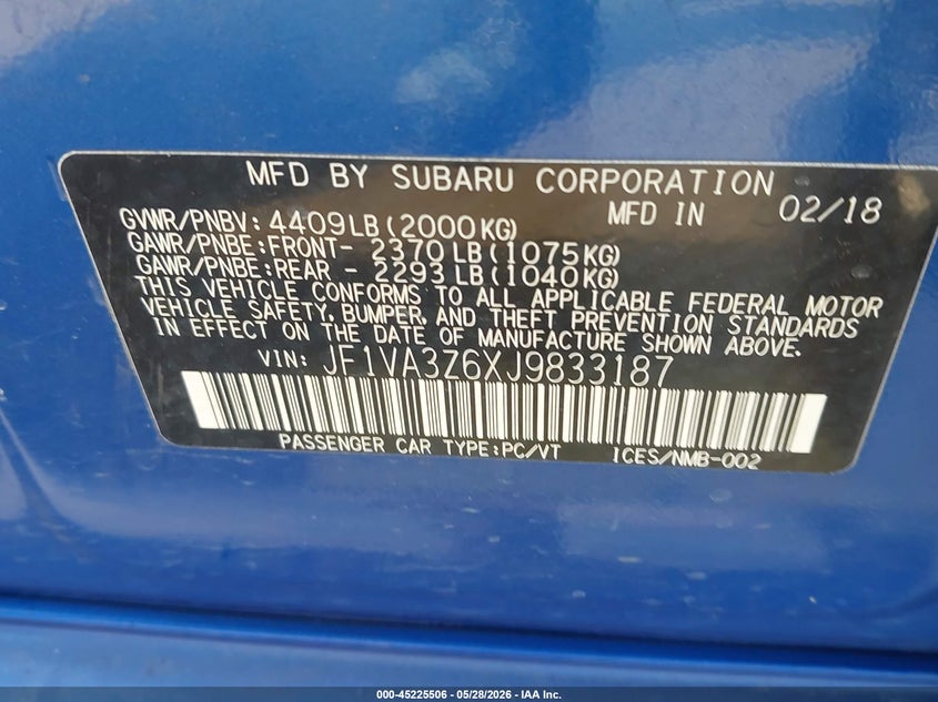 2018 Subaru Wrx sti VIN JF1VA3Z6XJ9833187 IAAI salvage auction — RIGHT FRONT, Salvage (Texas), sold $6,800 on 2026-07-29 (photo 9)