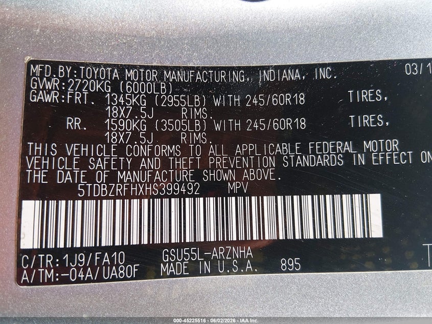 2017 Toyota Highlander VIN 5TDBZRFHXHS399492 IAAI salvage auction — FRONT END, Salvage (Missouri), sold $10,825 on 2026-07-08 (photo 9)