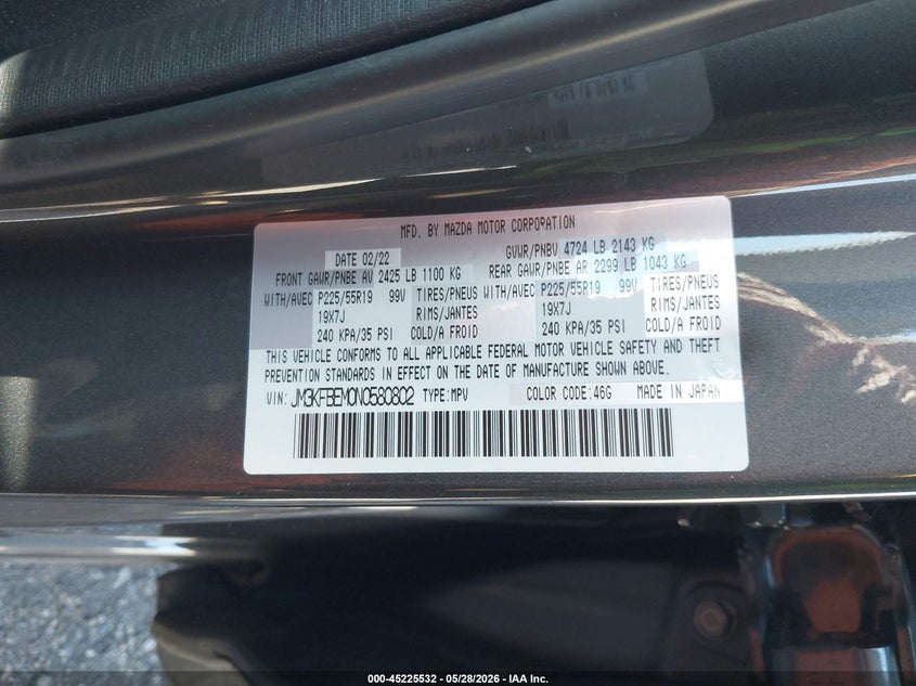 2022 Mazda Cx-5 VIN JM3KFBEM0N0580802 IAAI salvage auction — FRONT END, Salvage (Pennsylvania), sold $4,150 on 2026-08-01 (photo 9)