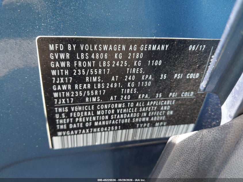 2017 Volkswagen Tiguan VIN WVGAV7AX7HK042591 IAAI salvage auction — FRONT END, Salvage Certificate (California), sold $1,700 on 2026-07-24 (photo 9)