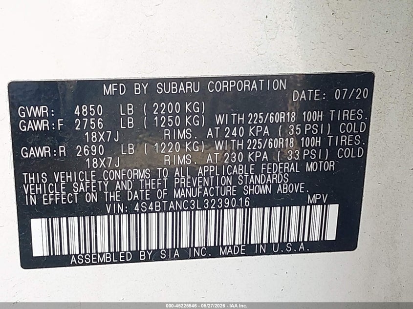 2020 Subaru Outback VIN 4S4BTANC3L3239016 IAAI salvage auction — REAR END, Salvage (Oregon), sold $7,600 on 2026-08-03 (photo 9)