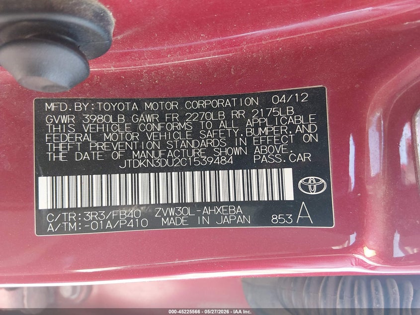 2012 Toyota Prius VIN JTDKN3DU2C1539484 IAAI salvage auction — NORMAL WEAR, Clear (New Mexico), sold $1,300 on 2026-07-15 (photo 9)