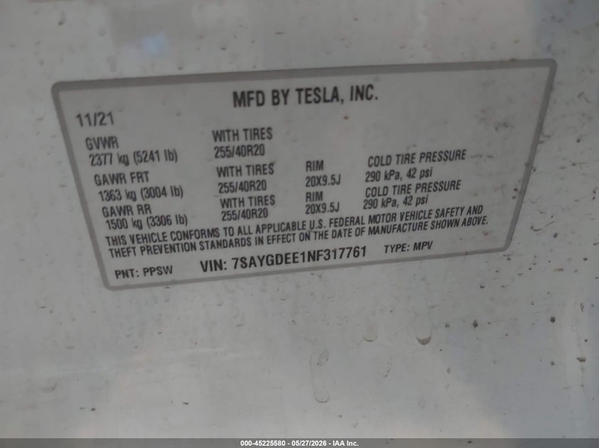 2022 Tesla Model y VIN 7SAYGDEE1NF317761 IAAI salvage auction — LEFT SIDE, Salvage (Michigan), sold $6,775 on 2026-07-09 (photo 9)