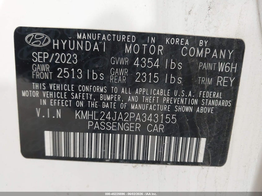 2023 Hyundai Sonata VIN KMHL24JA2PA343155 IAAI salvage auction — FRONT END, Salvage Title, sold $3,900 on 2026-07-08 (photo 9)