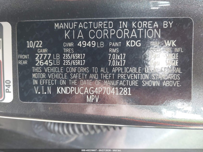 2023 Kia VIN KNDPUCAG4P7041281 IAAI salvage auction — FRONT END, Salvage (Pennsylvania), sold $3,150 on 2026-07-07 (photo 9)