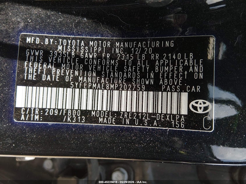 2021 Toyota Corolla VIN 5YFEPMAE8MP202759 IAAI salvage auction — FRONT END, Original (Texas), sold $5,500 on 2026-07-07 (photo 9)