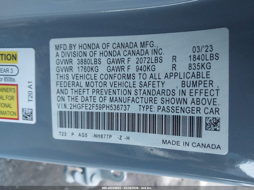 2023 Honda Civic VIN 2HGFE2F59PH536737 IAAI salvage auction — THEFT, Salvage Title, sold $125 on 2026-07-31 (photo 9)