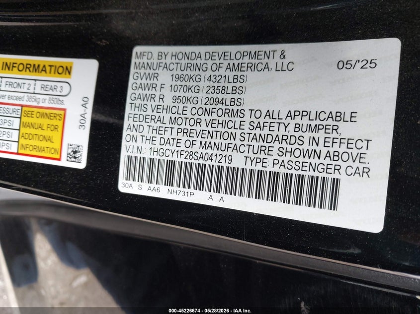 2025 Honda Accord VIN 1HGCY1F28SA041219 IAAI salvage auction — RIGHT FRONT, Salvage Title, sold $5,600 on 2026-07-31 (photo 9)