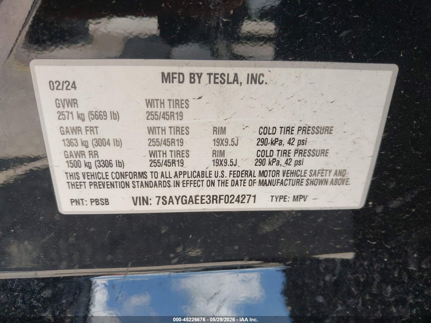 2024 Tesla Model y VIN 7SAYGAEE3RF024271 IAAI salvage auction — FRONT END, Salvage Title, sold $6,400 on 2026-07-10 (photo 9)