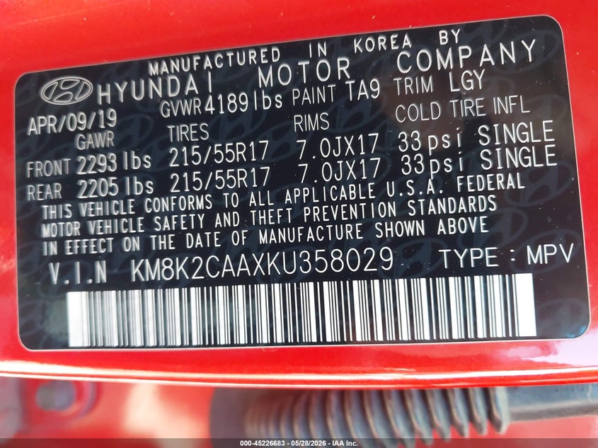 2019 Hyundai Kona VIN KM8K2CAAXKU358029 IAAI salvage auction — LEFT SIDE, Salvage (Pennsylvania), sold $2,000 on 2026-07-08 (photo 9)