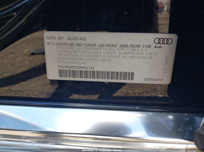 2014 Audi A8 VIN WAURGAFD3EN002142 IAAI salvage auction — FRONT END, Salvage (New Jersey), sold $1,450 on 2026-08-21 (photo 9)