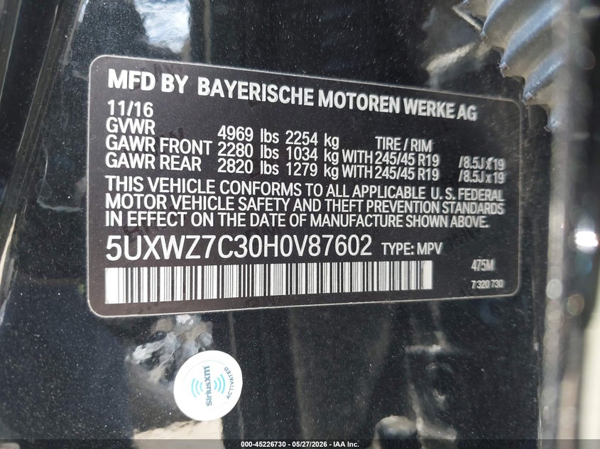 2017 BMW X3 VIN 5UXWZ7C30H0V87602 IAAI salvage auction — ROLLOVER, Salvage (California), sold $1,500 on 2026-08-02 (photo 9)