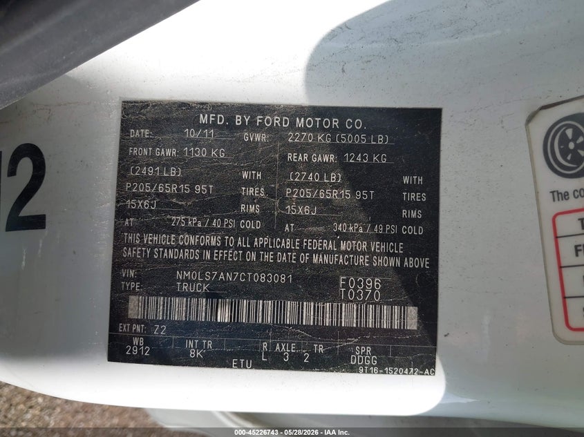 2012 Ford Transit VIN NM0LS7AN7CT083081 IAAI salvage auction — REAR END, Clear (Indiana), sold $325 on 2026-07-29 (photo 9)
