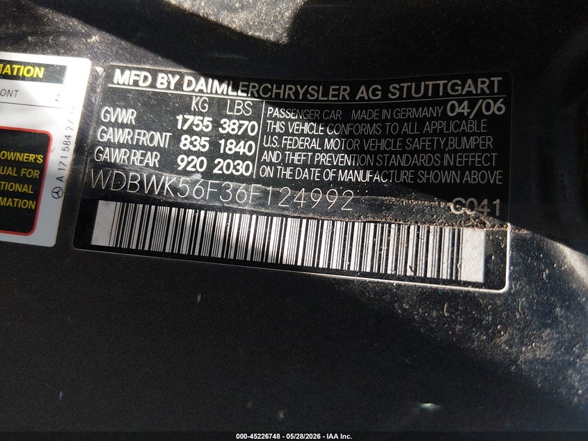 2006 Mercedes-benz Slk-class VIN WDBWK56F36F124992 IAAI salvage auction — FRONT & REAR, Salvage (Ohio), sold $875 on 2026-07-09 (photo 9)