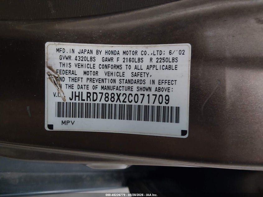 2002 Honda Cr-v VIN JHLRD788X2C071709 IAAI salvage auction — NORMAL WEAR, Clear (Florida), sold $375 on 2026-07-14 (photo 9)
