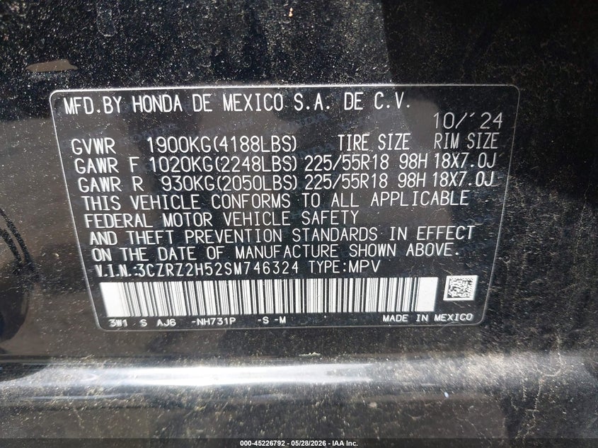 2025 Honda Hr-v VIN 3CZRZ2H52SM746324 IAAI salvage auction — ROOF, Salvage (Idaho), sold $7,000 on 2026-07-29 (photo 9)