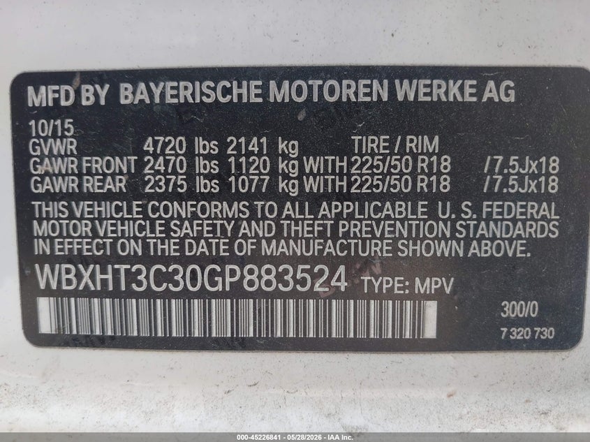 2016 BMW X1 VIN WBXHT3C30GP883524 IAAI salvage auction — RIGHT SIDE, Original (Texas), sold $3,750 on 2026-07-28 (photo 9)