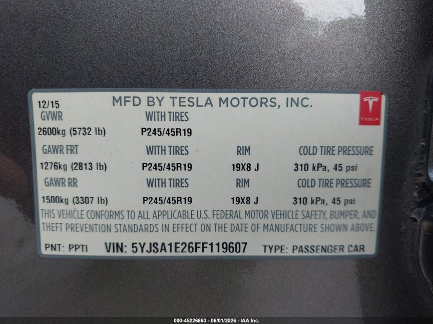 2015 Tesla Model s VIN 5YJSA1E26FF119607 IAAI salvage auction — NORMAL WEAR, Salvage Title, sold $9,500 on 2026-07-06 (photo 9)