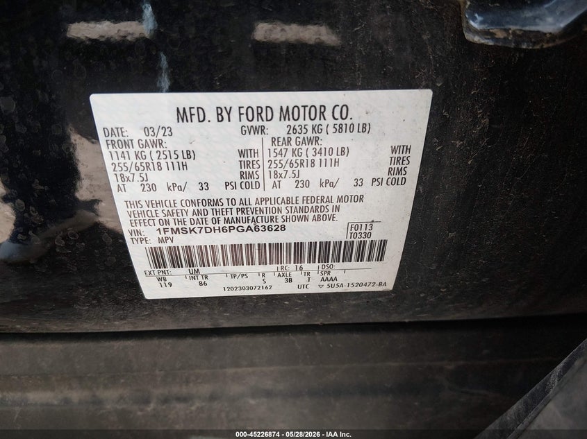 2023 Ford Explorer VIN 1FMSK7DH6PGA63628 IAAI salvage auction — SIDE, Salvage (Indiana), sold $6,650 on 2026-07-24 (photo 9)