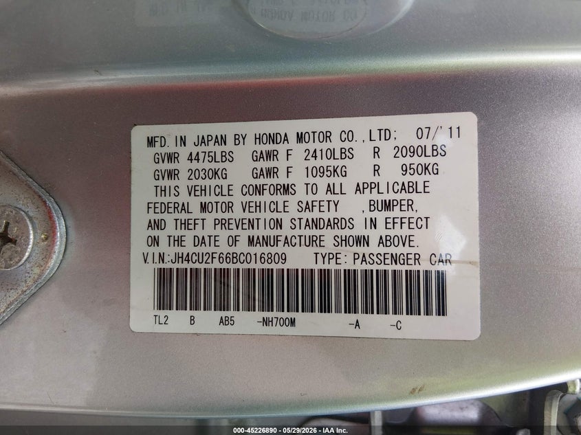 2011 Acura Tsx VIN JH4CU2F66BC016809 IAAI salvage auction — NORMAL WEAR, Clear (Montana), sold $675 on 2026-07-13 (photo 9)