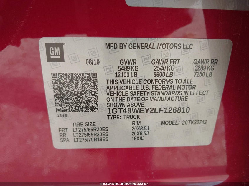 2020 Gmc SIERRA VIN 1GT49WEY2LF126810 IAAI salvage auction — ROLLOVER, Salvage Title, sold $25 on 2026-07-31 (photo 9)