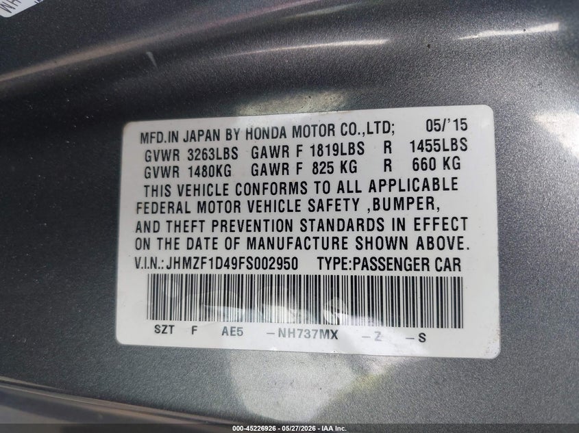 2015 Honda Cr-z VIN JHMZF1D49FS002950 IAAI salvage auction — LEFT REAR, Clear (New Jersey), sold $375 on 2026-07-29 (photo 9)