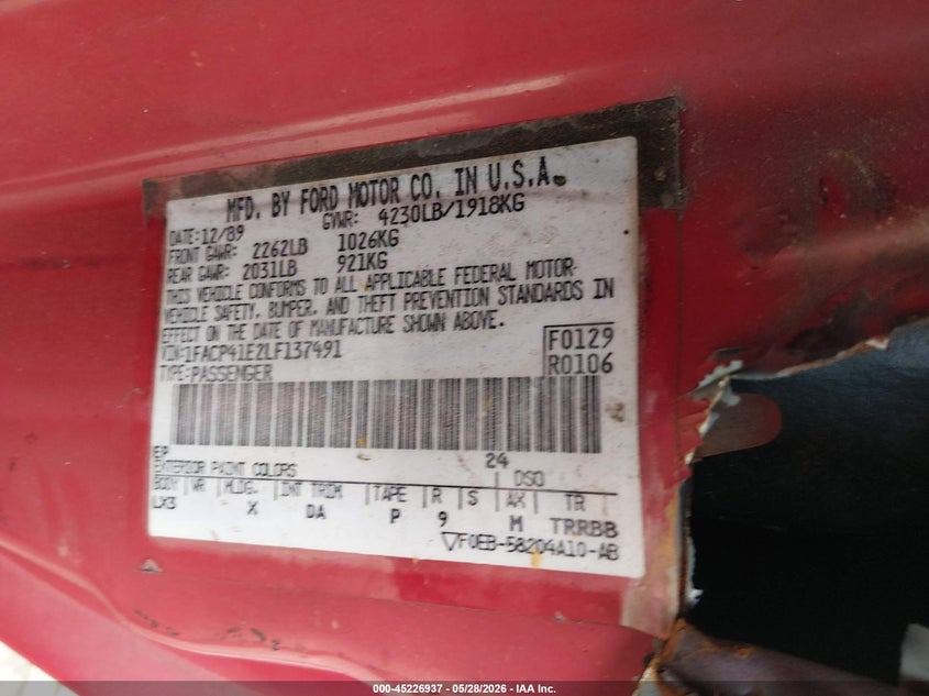 1990 Ford Mustang VIN 1FACP41E2LF137491 IAAI salvage auction — FRONT END, Salvage (Georgia), sold $800 on 2026-07-09 (photo 9)