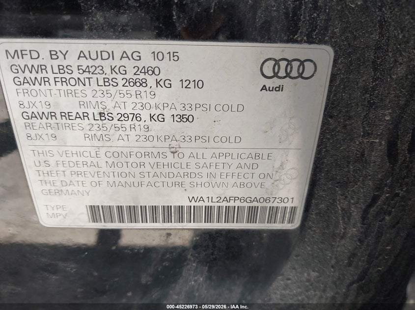 2016 Audi Q5 VIN WA1L2AFP6GA067301 IAAI salvage auction — LEFT FRONT, Salvage Title, sold $625 on 2026-07-28 (photo 9)