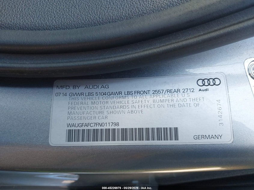 2015 Audi A6 VIN WAUGFAFC7FN011798 IAAI salvage auction — NORMAL WEAR, Clear (Pennsylvania), sold $2,350 on 2026-07-31 (photo 9)
