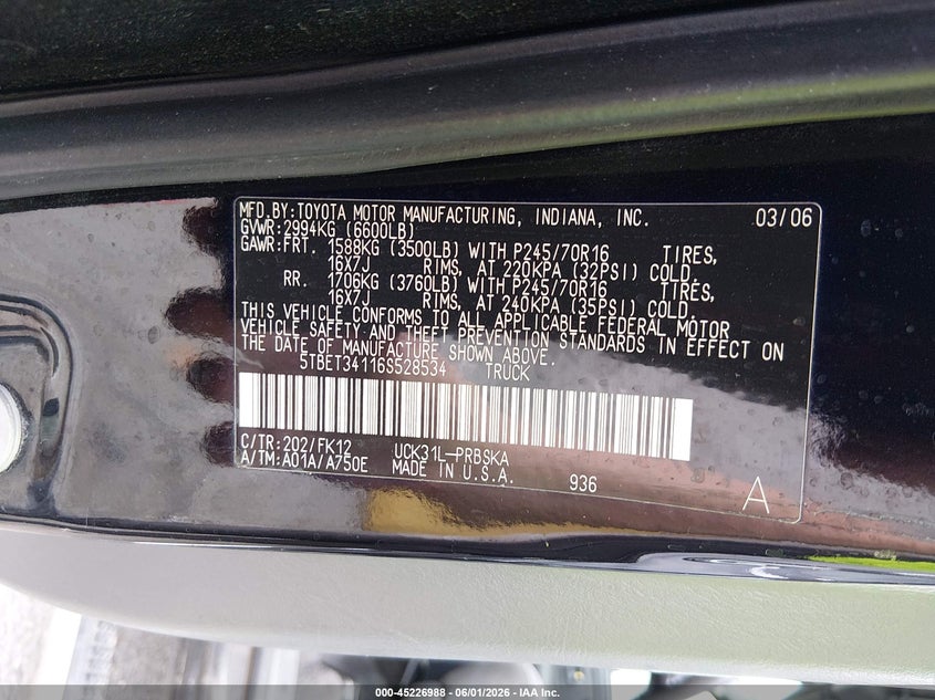 2006 Toyota Tundra VIN 5TBET34116S528534 IAAI salvage auction — ALL OVER, Salvage (Louisiana), sold $2,000 on 2026-07-28 (photo 9)