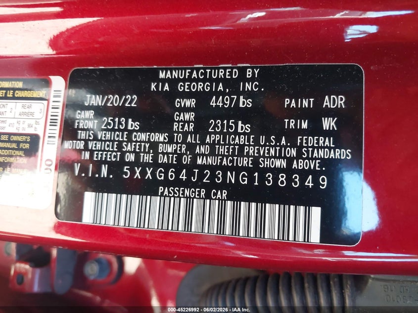 2022 Kia K5 VIN 5XXG64J23NG138349 IAAI salvage auction — FRONT END, Salvage Title, sold $525 on 2026-07-28 (photo 9)
