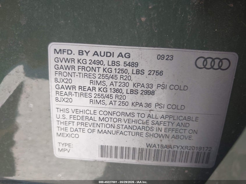 2024 Audi Q5 sportback VIN WA15AAFYXR2019172 IAAI salvage auction — LEFT SIDE, Mv-907A (New York), sold $20,800 on 2026-07-24 (photo 9)