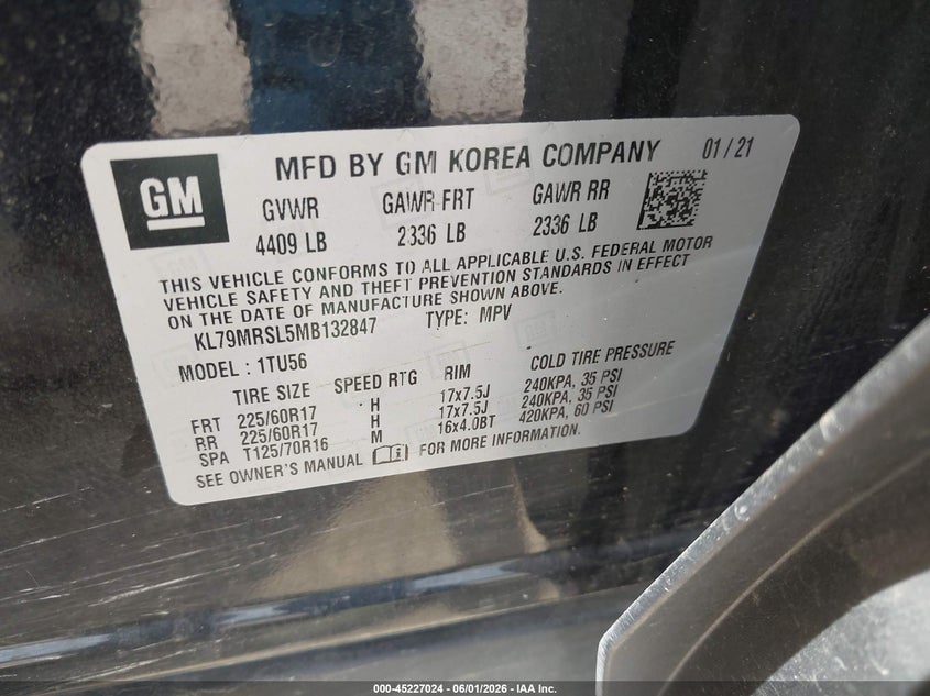 2021 Chevrolet Trailblazer VIN KL79MRSL5MB132847 IAAI salvage auction — FRONT END, Salvage Title, sold $2,450 on 2026-07-21 (photo 9)