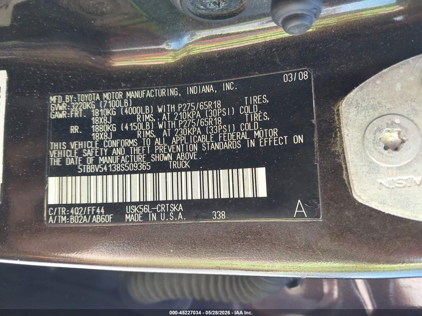 2008 Toyota Tundra VIN 5TBBV54138S509365 IAAI salvage auction — FRONT END, Salvage (Ohio), sold $2,650 on 2026-07-28 (photo 9)