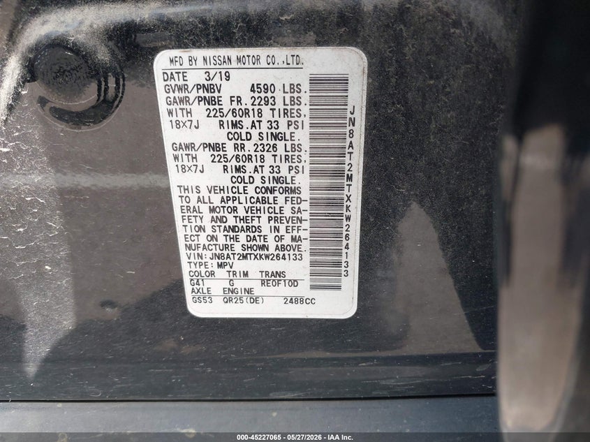 2019 Nissan Rogue VIN JN8AT2MTXKW264133 IAAI salvage auction — FRONT END, Salvage Title, sold $25 on 2026-07-21 (photo 9)