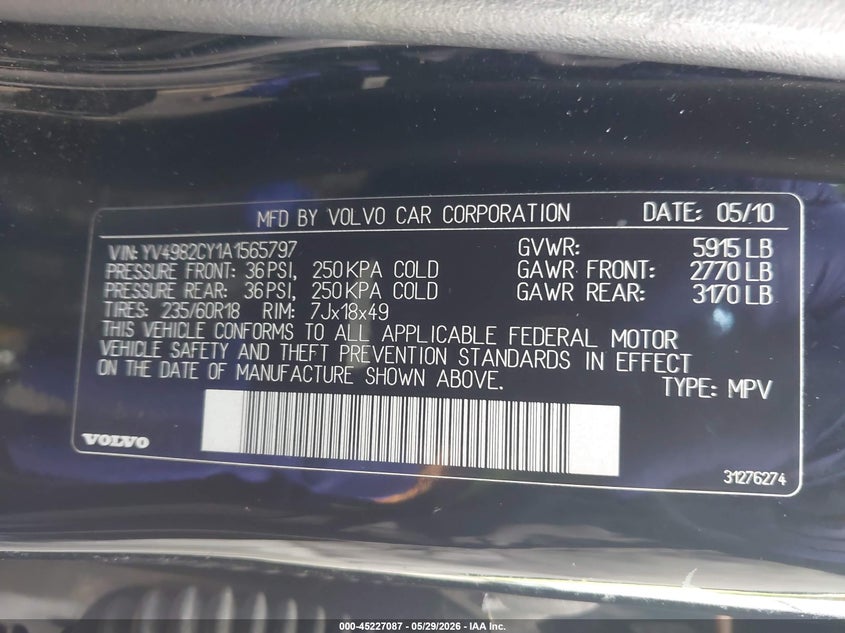 2010 Volvo Xc90 VIN YV4982CY1A1565797 IAAI salvage auction — FRONT END, Salvage (Louisiana), sold $375 on 2026-08-03 (photo 9)
