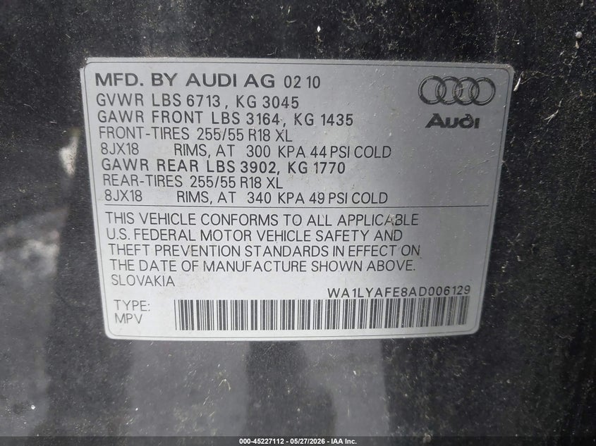 2010 Audi Q7 VIN WA1LYAFE8AD006129 IAAI salvage auction — RIGHT REAR, Original (Texas), sold $475 on 2026-07-07 (photo 9)