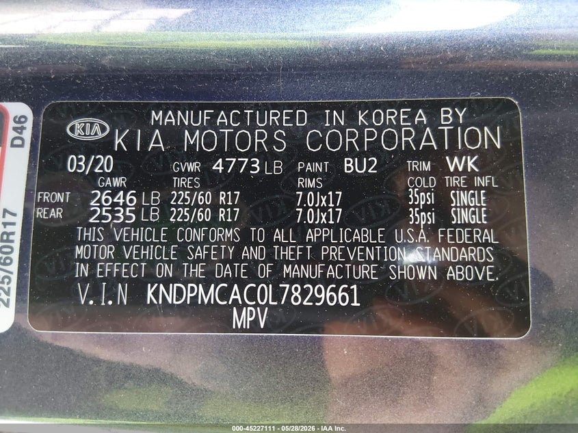 2020 Kia Sportage VIN KNDPMCAC0L7829661 IAAI salvage auction — FRONT END, Salvage Title, sold $2,600 on 2026-08-02 (photo 9)